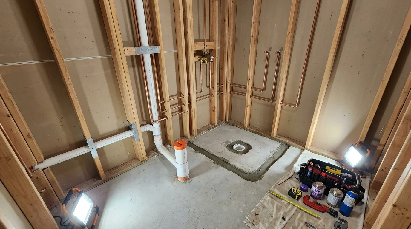Bathroom rough-in plumbing during remodel by Johns Plumbing LLC in West Greenwich