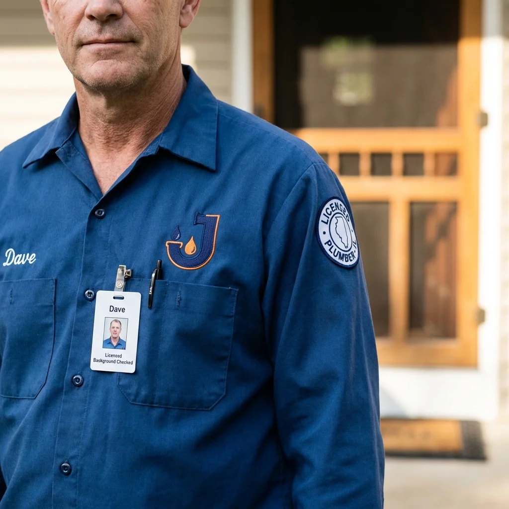 Licensed plumber showing ID badge in West Greenwich, RI