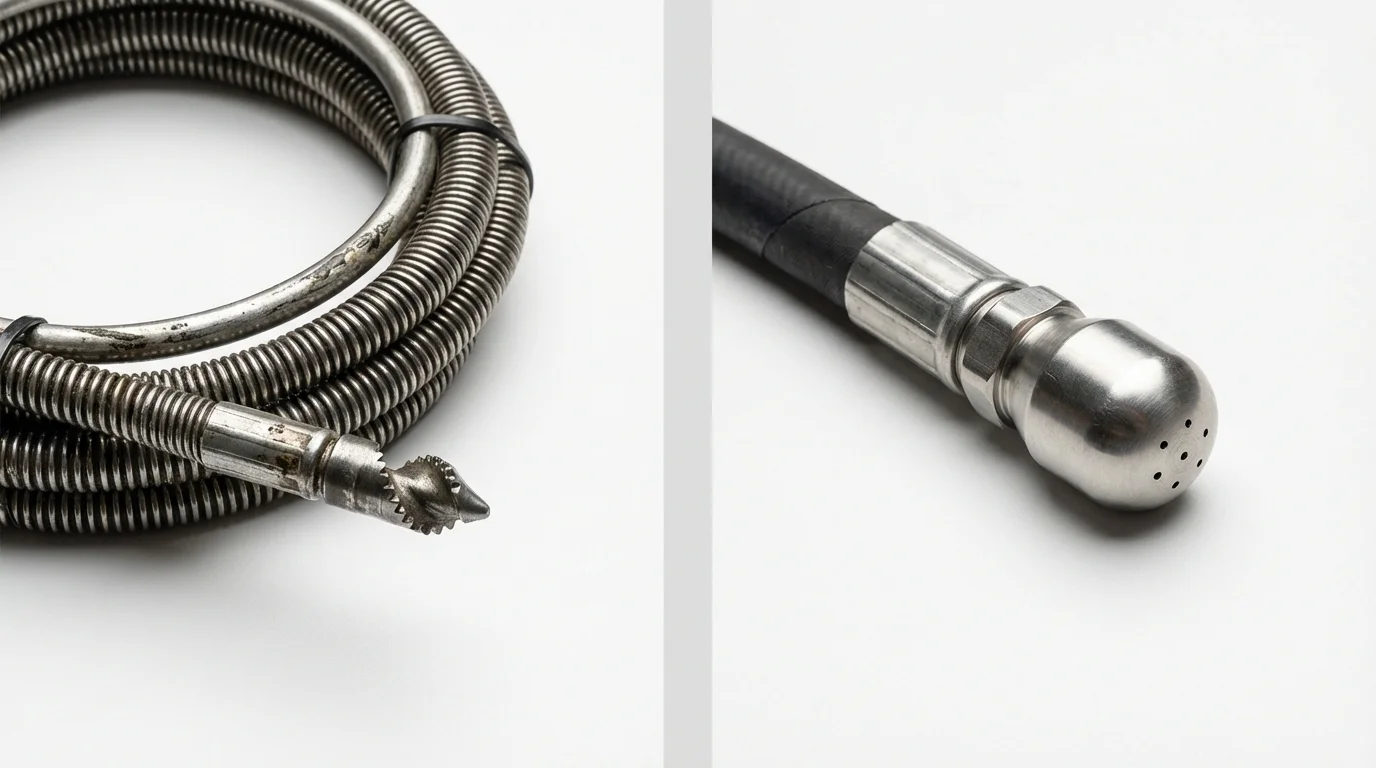 Drain snake cable and hydro jetting nozzle used for drain cleaning in West Greenwich, RI