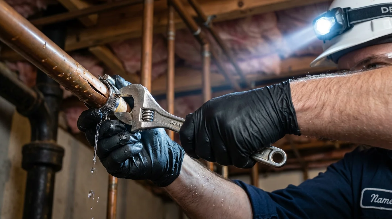 Emergency pipe clamp repair being performed by a Johns Plumbing LLC plumber in West Greenwich