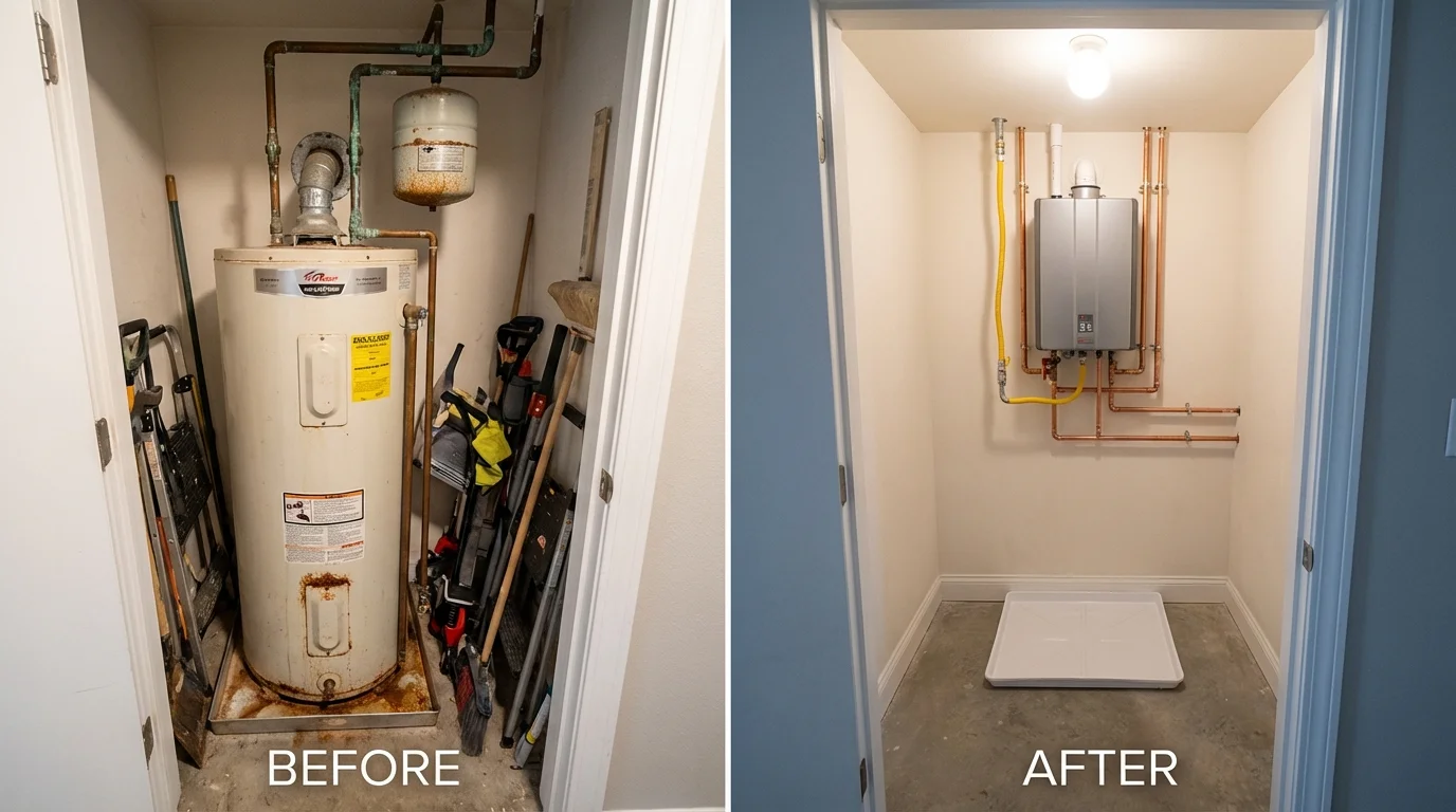 Tank water heater versus wall-mounted tankless unit comparison for West Greenwich, RI homeowners