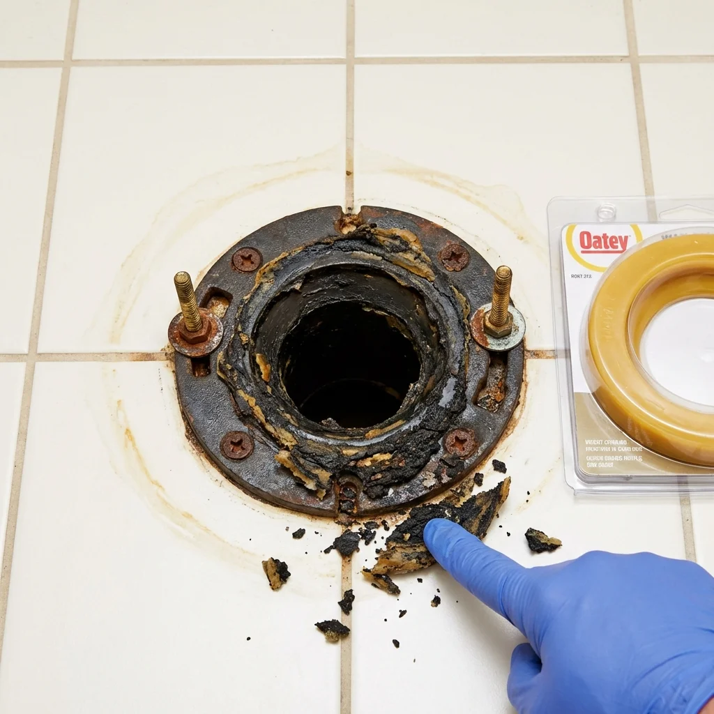 Failed wax ring showing water seepage at the base of a toilet in a West Greenwich, RI home
