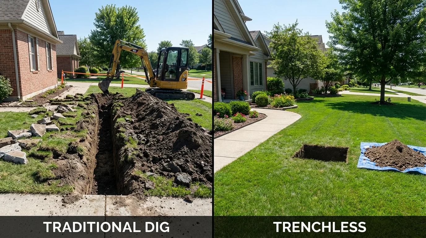 Trenchless sewer repair with minimal yard damage versus traditional excavation in West Greenwich, RI