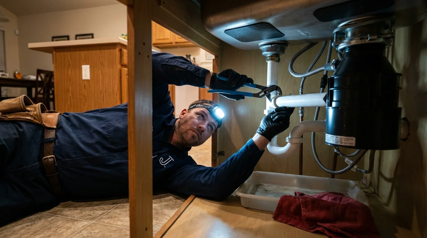 P-trap and supply line connections under a kitchen sink showing a common leak point in West Greenwich, RI